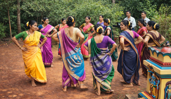 Women performing Dhalo dance in Goa during a traditional village ritual