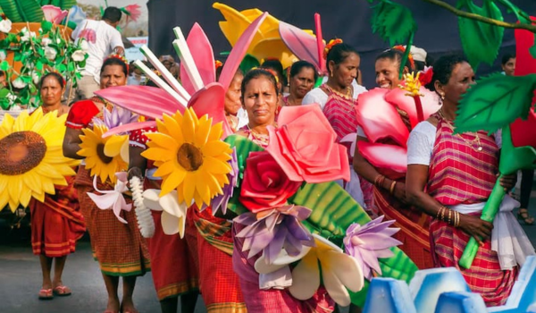 Local women in traditional attire during Goa Carnival street parade